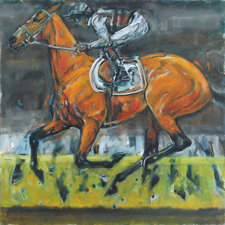 Rosemary Parcell nz horse artist, canter on the back straight, oil on canvas